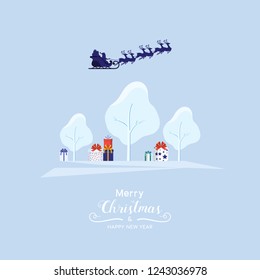 Winter city landscape snowy street and winter holiday. Santa claus flying with reindeer sleigh over the forest with gift box. Cartoon Vector Illustration.