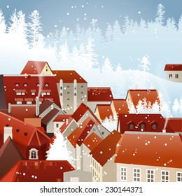 Winter city landscape with tiled roofs
