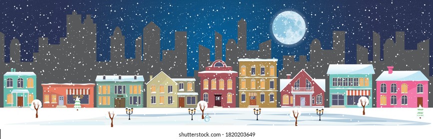 Winter city landscape vector illustration. Snow-covered houses and shops on the main street.