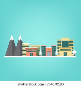 Winter city landscape, vector illustration.
