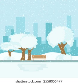 Winter city landscape. City view in winter, with snow, trees in snow and a bench in the center. Vector, designer illustration. Vector.