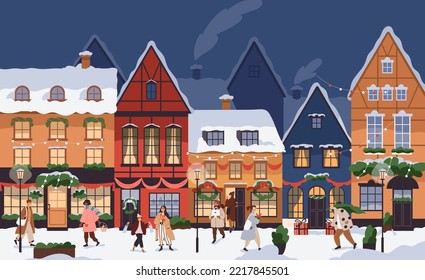 Winter city life at Christmas holiday eve. People outdoors, on streets of European town with cozy buildings facades in festive decoration, snow. Characters on Xmas vacation. Flat vector illustration