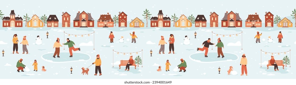 Winter city life illustration. People walking on street, skating on ice rink, man walking with dog, children makes snowman, women talking and drinking coffee. Vector urban background, seamless border