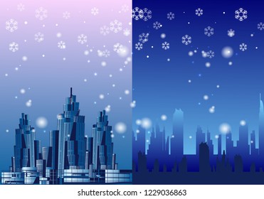 Winter city, megalopolis, snowy, vector illustration