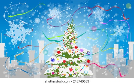 Ciudad de invierno con árbol de año nuevo. Formato EPS 10.