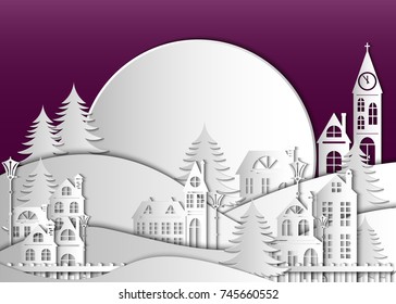 Winter city at night. Vector illustration for Merry Chrictmas and Happy new year. Paper cut art style.