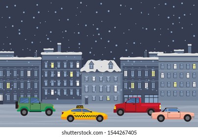Winter city at nighttime, taxi and vehicles of citizens at street of town. Snowfall in urban area. Building in row with lit windows. Automobile on read at night. Cityscape of wintertime vector in flat