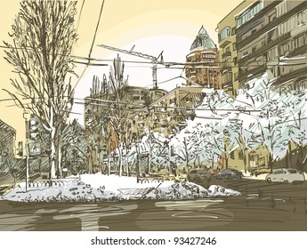 Winter city painting. Digital drawing freehand. Vector image