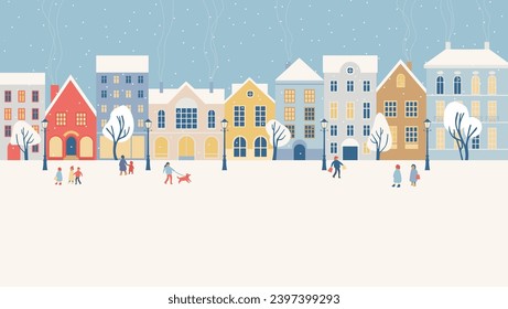 Panorama de la ciudad de invierno con gente caminando en la calle en la nieve en las vacaciones de Navidad. Casco antiguo europeo con acogedores edificios. Ilustración vectorial plana