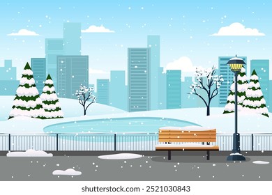 Winter city park. A bench in a beautiful city park among snow-covered trees and a pond, skyscrapers and buildings. The concept of a comfortable and environmentally friendly city. Christmas time.