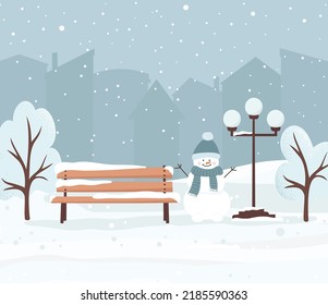 Parque invernal con banco, linterna, árboles, muñecos de nieve y siluetas de casas. Ilustración del vector
