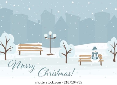 Winter city park with bench, lantern, trees, snowman and silhouettes of houses. Vector illustration
