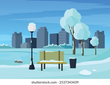 Winter city park with a bench, street lamp, pond and trees. Vector illustration.