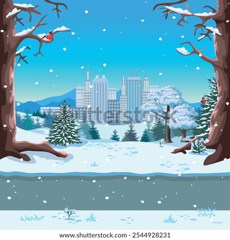 Winter city park with benches, paths, snow-covered trees against the backdrop of a large city with skyscrapers. Vector illustration of beautiful winter nature.