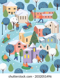 Winter city with people.Сhristmas in the park. Big set of people in winter. People walking,  skating, skiing, making a snowman, walking. Flat cartoon vector illustr