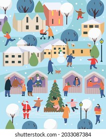 Winter city with people.Сhristmas in the park. Big set of people in winter. People walking,  skating, skiing, making a snowman, walking. Flat cartoon vector illustr
