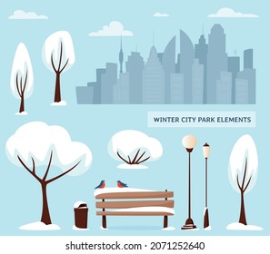 Winter city park elements. Urban outdoor decor: bench, lamps, trash box, trees and bushes, city silhouette. For construction of winter urban landscapes. Vector flat illustration