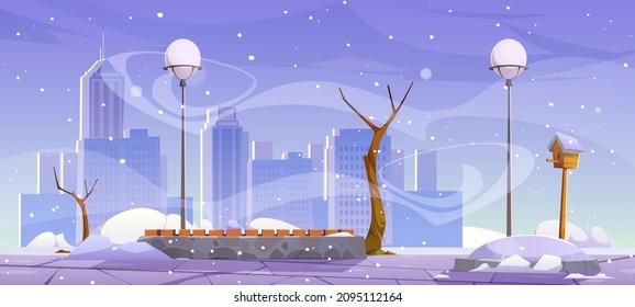 Winter city park, empty urban public garden landscape with wooden bench, bare trees, blizzard and snowdrifts around, lanterns and town buildings skyline with snow, wind and dull sky, Vector cartoon