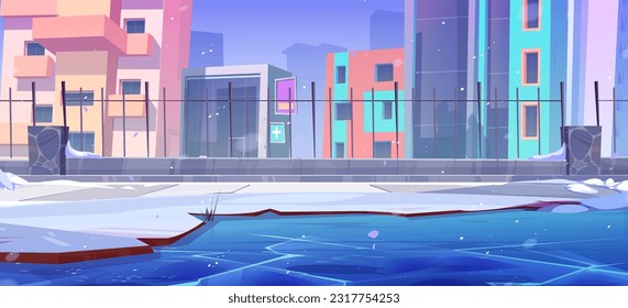 Winter city park with frozen lake landscape scene. Snow and ice in february on street with fence, walkway and cold swamp water. Empty public sidewalk in town with cityscape and skyscraper design