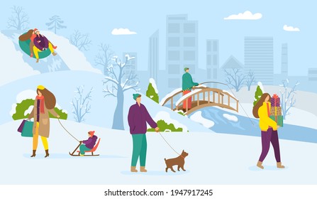 Winter city park, happy man woman character outdoor vector illustration. Christmas holiday walk, cold snow season landscape.