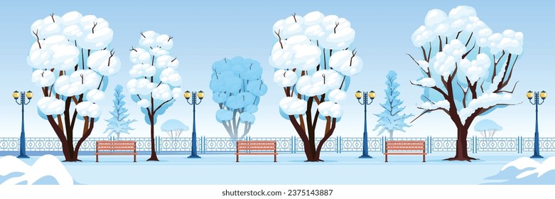 Winter city park horizontal illustration with empty benches and snowy trees cartoon vector illustration