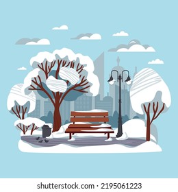 Winter City Park Landscape With Bench.Banner Or Poster With Trees,path,snow,birds And Lantern.Background With City Silhouette And Clouds.Urban Outdoor .Vector Flat Cartoon Illustration.