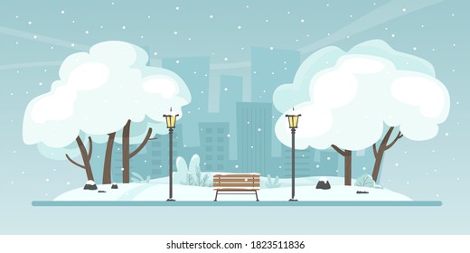 Winter city park. Landscape. Vector illustration in flat style.