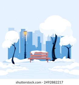 Winter city park. Landscape. Vector illustration