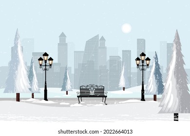 Winter city park with modern building and snow falling,Vector cartoon Winter background with park landscape at Christmas night with street lamp and metal bench.Greeting card for New year and Christmas