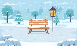 Winter City Park With Snow And City Silhouette. Bench In Winter City Park, Winter Holidays Concept In Flat Cartoon Style. City Park Landscape Banner. Urban Outdoor. Vector Illustration