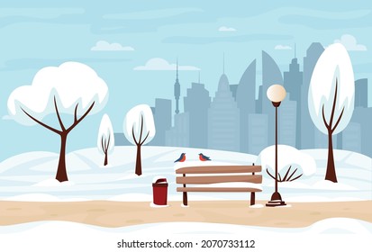 Winter city park with snow and city silhouette. Bench in winter city park, winter holidays concept in flat cartoon style. City park landscape, panoramic banner. Urban outdoor. Vector illustration