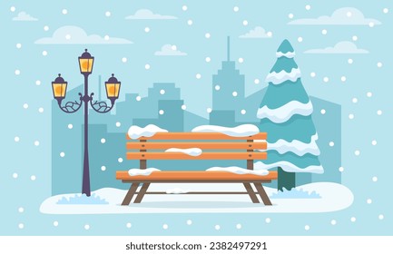 Winter city park with snow and city silhouette. Bench in winter city park, winter holidays concept in flat cartoon style. City park landscape banner. Urban outdoor. Vector illustration