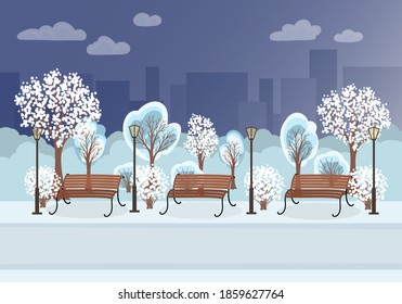 Winter city park with snow, snowy trees and bushes landscape, benches, street lamps and cityscape or buildings background. Vector illustration.