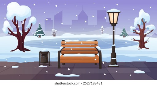 Winter city park. Snowy bench lantern trash can and tree. Ice lake and snow field, snowfall in town, seasonal cold weather. Empty garden nowaday vector background