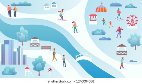 Winter city park top view map background with river, bridge and people doing various activities vector illustration.