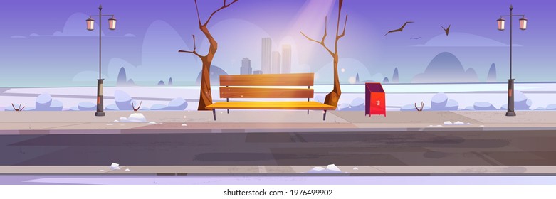 Winter city park with white snow, wooden bench and town buildings on skyline. Vector cartoon snowy landscape of empty public garden with lanterns, bare trees, trash bin and birds in sky