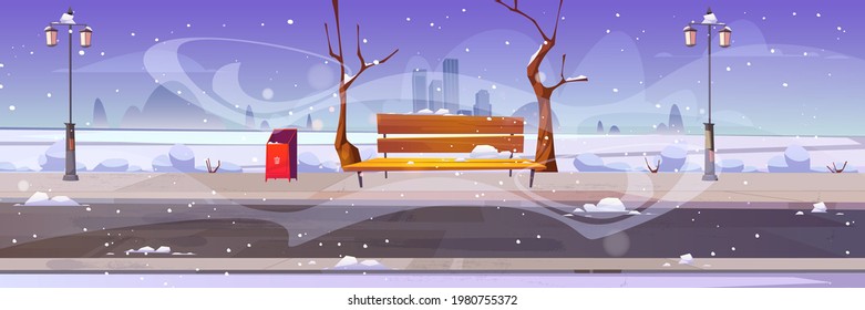 Winter city park with wooden bench, bare trees, blizzard and snowdrifts around, lanterns, bin and town buildings skyline. Urban empty public garden landscape, snow fall under dull sky Vector cartoon