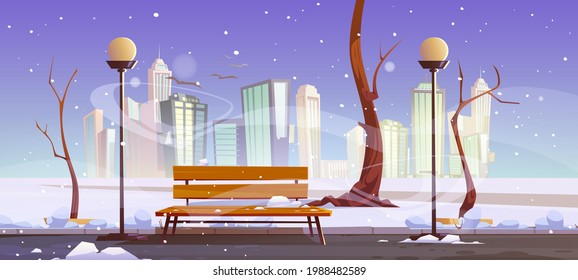 Winter city park with wooden bench, bare trees, blizzard and snowdrifts around, lanterns and town buildings skyline. Urban empty public garden landscape, snow fall under dull sky, Vector cartoon