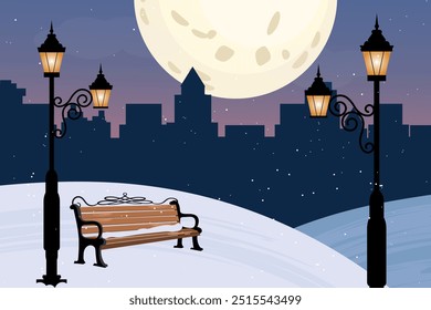 Winter city park with wooden bench. Urban empty public garden landscape and Streetlights lamppost 