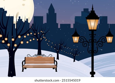 Winter city park with wooden bench. Urban empty public garden landscape garlands with big moon and Streetlights lamppost