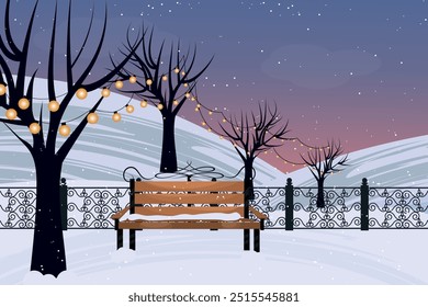 Winter city park with wooden bench. Urban empty public garden landscape garlands with big moon and Streetlights lamppost