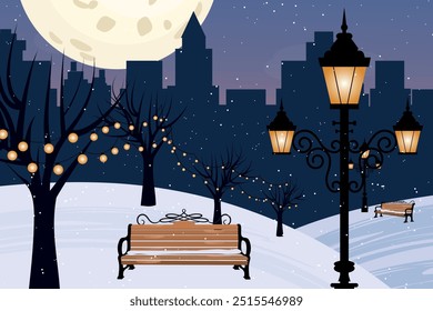 Winter city park with wooden bench. Urban empty public garden landscape garlands with big moon and Streetlights lamppost