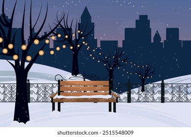 Winter city park with wooden bench. Urban empty public garden landscape garlands with big moon and Streetlights lamppost