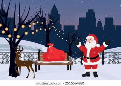 Winter city park with wooden bench. Urban garden landscape garlands on trees. Santa claus with reindeer at christmas 