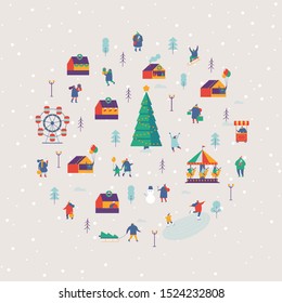 Winter city with people.  Christmas market and holiday fair. Winter outdoor activities. Crowd of happy tiny people in warm clothes flat vector.