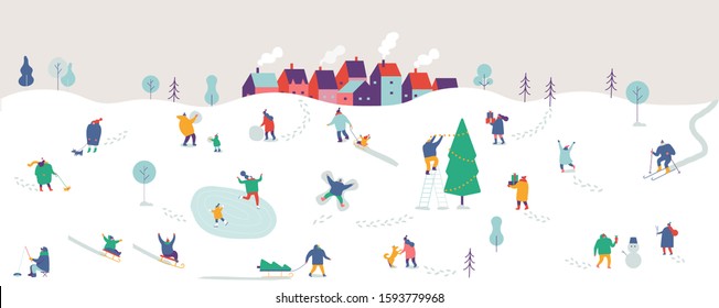 Winter city with people horizontal banner.  Winter outdoor activities - skating, skiing, throwing snowballs, building snowman. Crowd of people in warm clothes flat vector illustration.