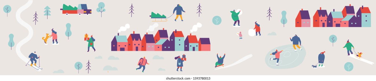 Winter city with people horizontal banner.  Winter outdoor activities - skating, skiing, throwing snowballs, building snowman. Crowd of people in warm clothes flat vector illustration.