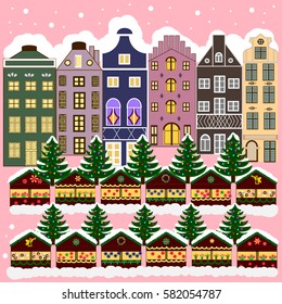 Winter city with pink trees, cute houses. Vector illustration. Holidays Vector illustration. Landscape with nature and houses. Winter is coming. Nature landscape.