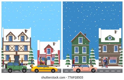 Winter in city placards set with snowy weather and falling snowflakes, people walking peacefully, buildings and cars, isolated on vector illustration