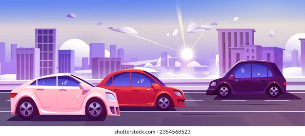 Winter city road and car on street vector background. Vehicle traffic in morning sunrise speedway with sun ray scenery. Snow season town panorama environment with skyscraper cityscape wallpaper